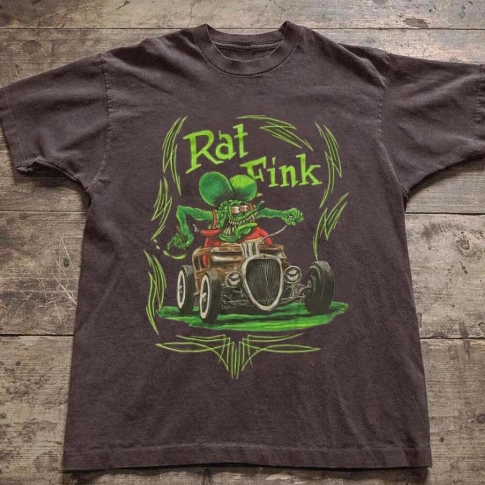 Gildan Men Brown T-Shirt, Rat Fink T-Shirt With Green Cartoon Character